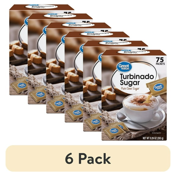 (6 pack) Great Value Turbinado,Pure Sugar, Net wt 9.26 Oz (263g), 75ct. Paper Packets