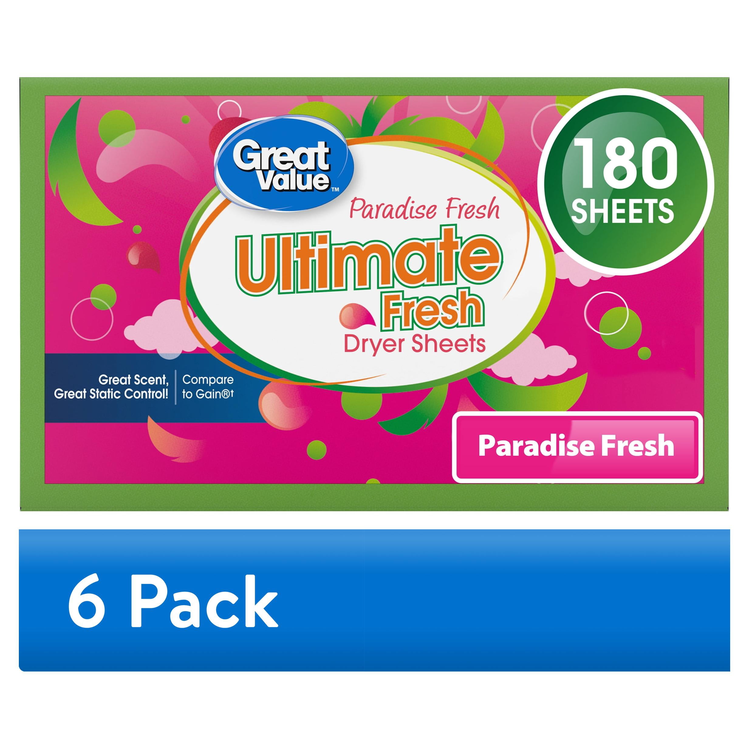(6 pack) Great Value Ultimate Fresh Dryer Sheets, Paradise Fresh, 180 Count, Compare to Gain®