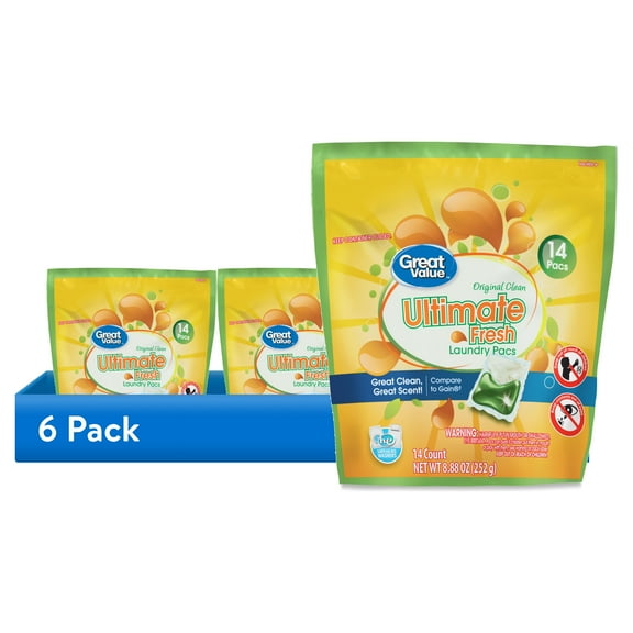 (6 pack) Great Value Ultimate Fresh Laundry Detergent Pacs, Original Clean, 14 Count