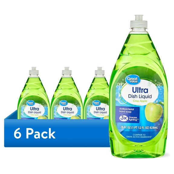 (6 pack) Great Value Ultra Antibacterial Dish Liquid, Crisp Apple, 28 fl oz