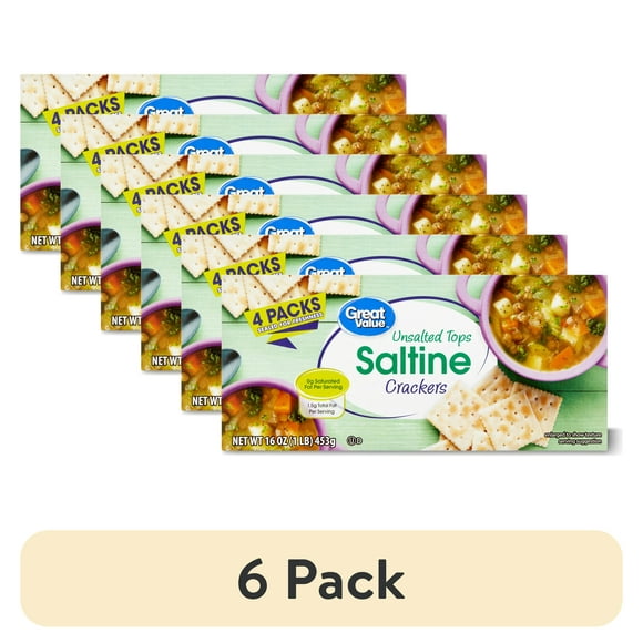 (6 pack) Great Value Unsalted Tops Saltine Crackers, 16 oz