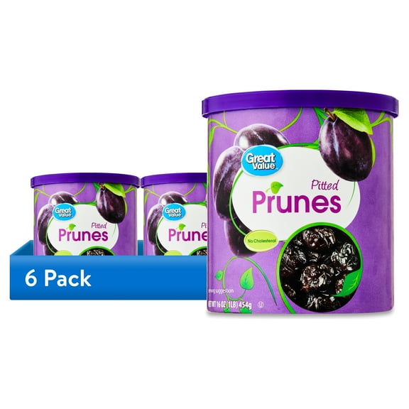 (6 pack) Great Value Unsweetened Pitted Prunes Canister, 16 oz