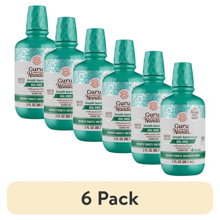 (6 pack) GuruNanda Fresh Breath Mouthwash, ADA-Accepted, Alcohol-Free & Fluoride-Free with Essential Oils & Vitamins, Wild Mint, 3 oz
