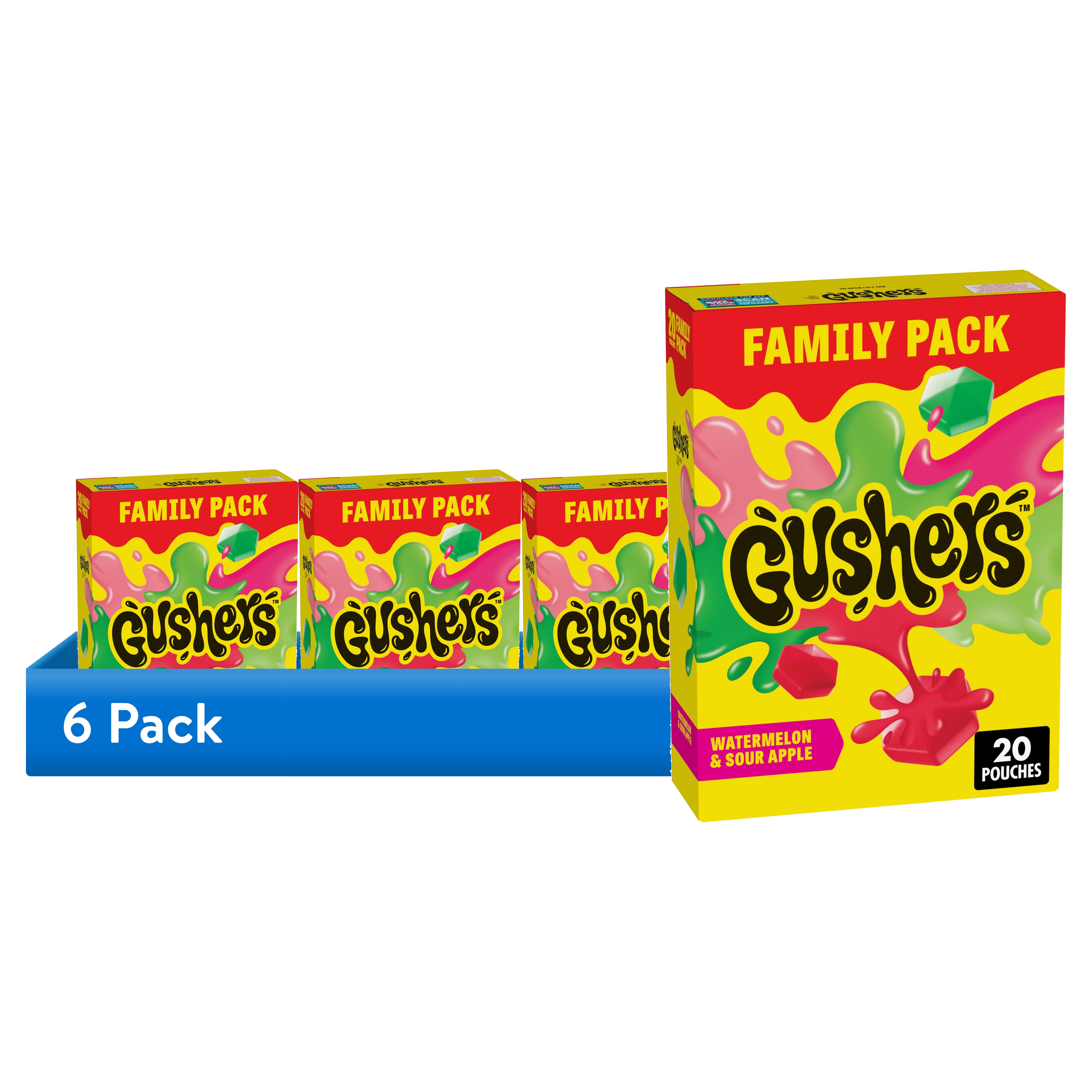 (6 pack) Gushers Fruit Flavored Kids Snacks, Watermelon and Sour Apple Flavor, 20 Pouches, Family Pack, 16 oz