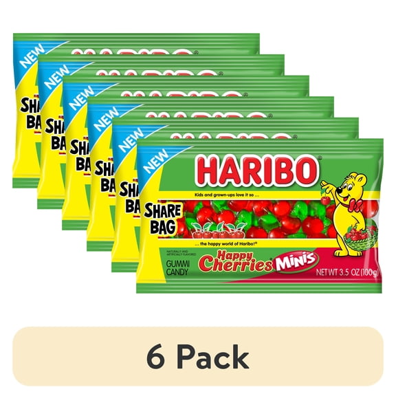 (6 pack) HARIBO Happy Cherries Mini Gummies Fruit Flavor Gummy Candy, 3.5oz, Share Size Peg Bag