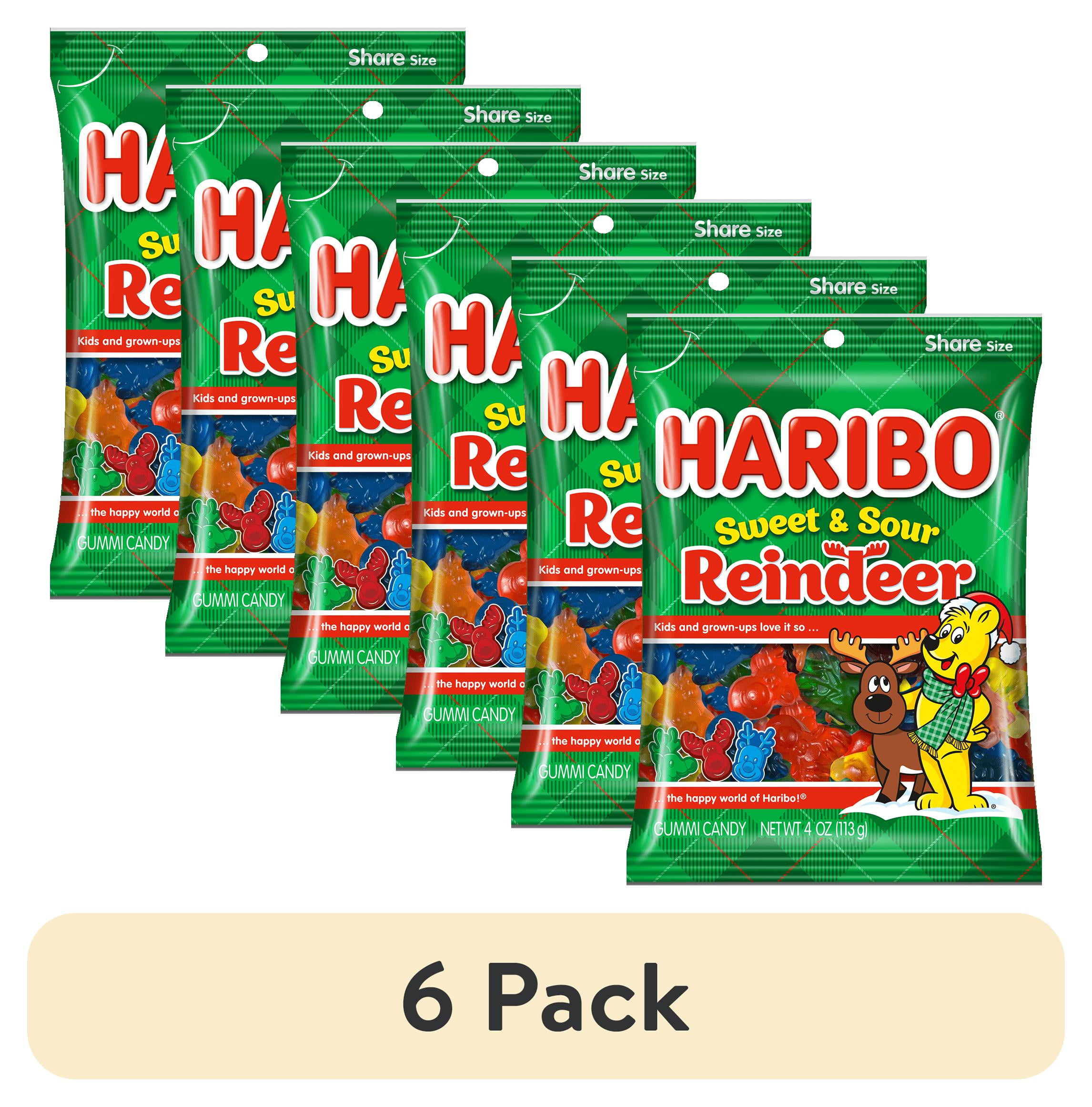 (6 pack) HARIBO Sweet and Sour Reindeer Gummies Holiday Edition Assorted Fruit Flavor Gummy Candy, 4oz, Share Size Peg Bag