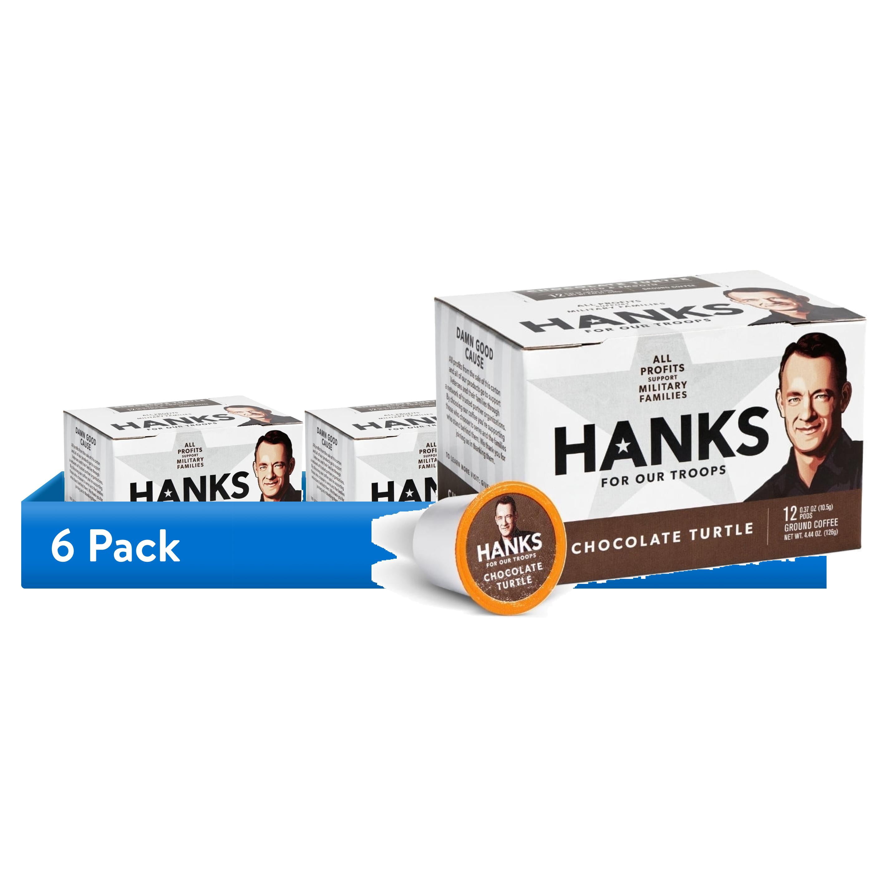 (6 pack) Hanks for Our Troops Chocolate Turtle Coffee Pods, Supports Military Families, 12 Count