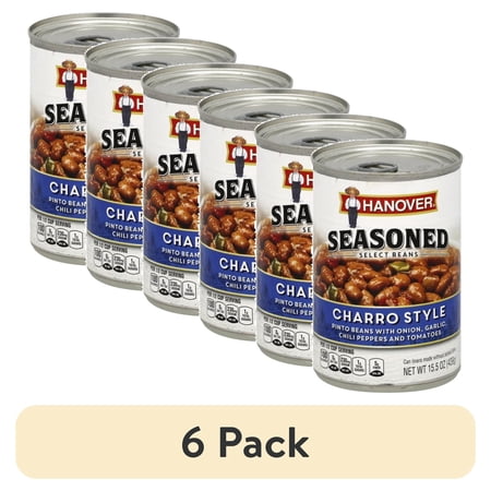 (6 pack) Hanover Seasoned Select Charro Style Pinto Beans, 15.5 oz Can – Mexican-Inspired Heat-and-Serve Side