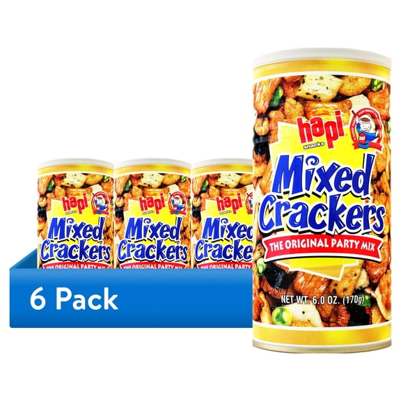 (6 pack) Hapi Mixed Crackers Original Party Mix, 6 Ounce Can (Pack of 1), Contains Wheat, Soybean, & Sesame