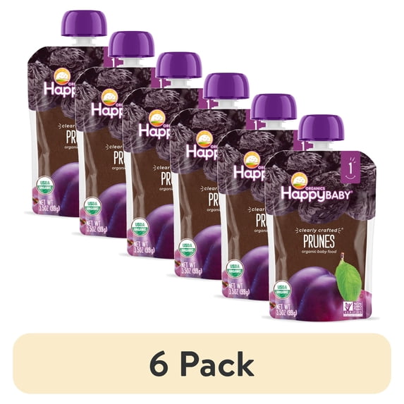 (6 pack) Happy Baby Clearly Crafted, Stage 1 Organic Baby Food Pouch, Prunes, 3.5 oz.
