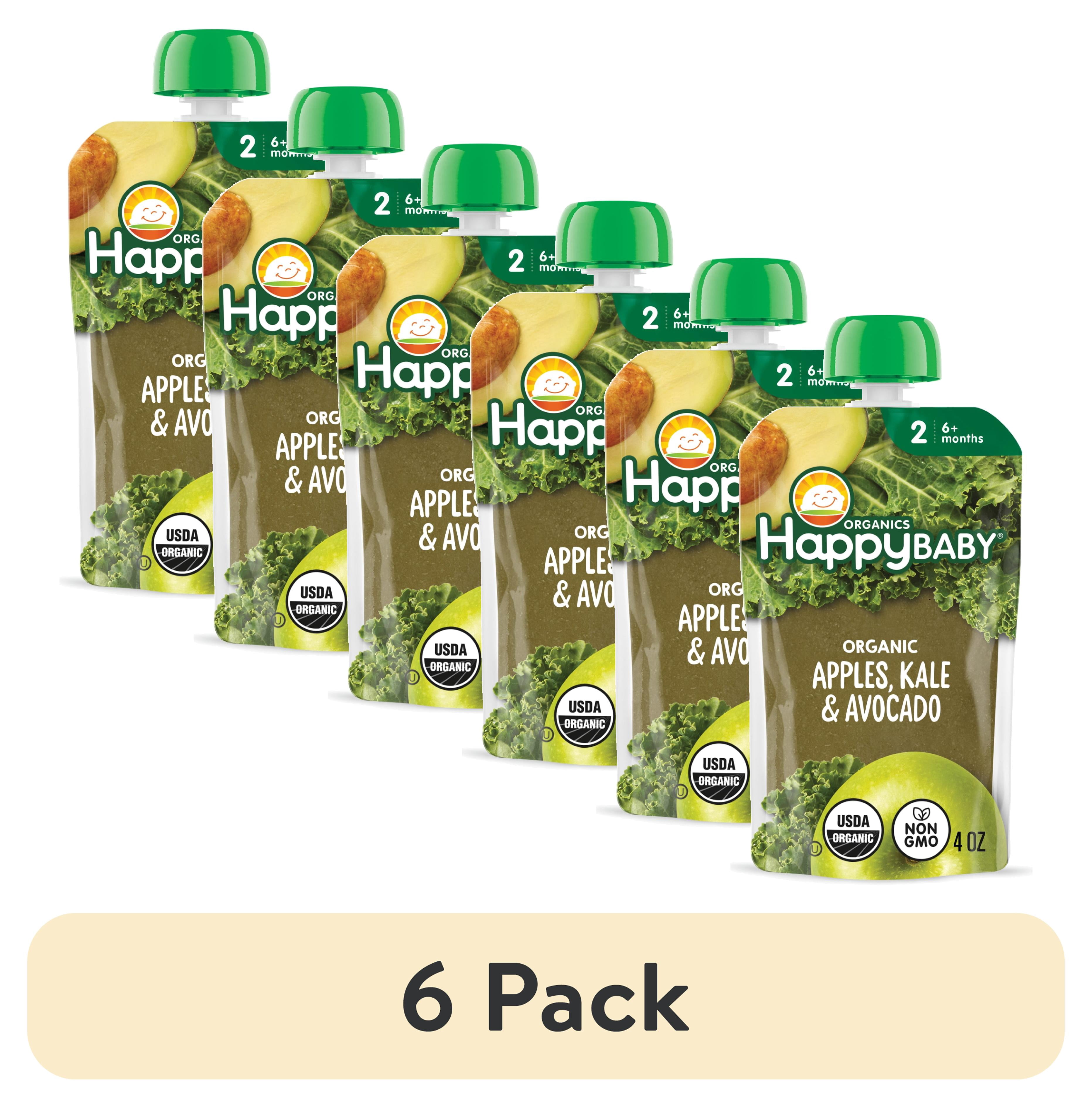 (6 pack) Happy Baby Clearly Crafted, Stage 2 Organic Baby Food, Apple Kale & Avocado Pouch, 4 oz.