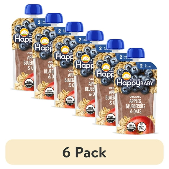 (6 pack) Happy Baby, Stage 2 Organic Baby Food, Apples Blueberries & Oats, 4 oz Shelf Stable Pouch