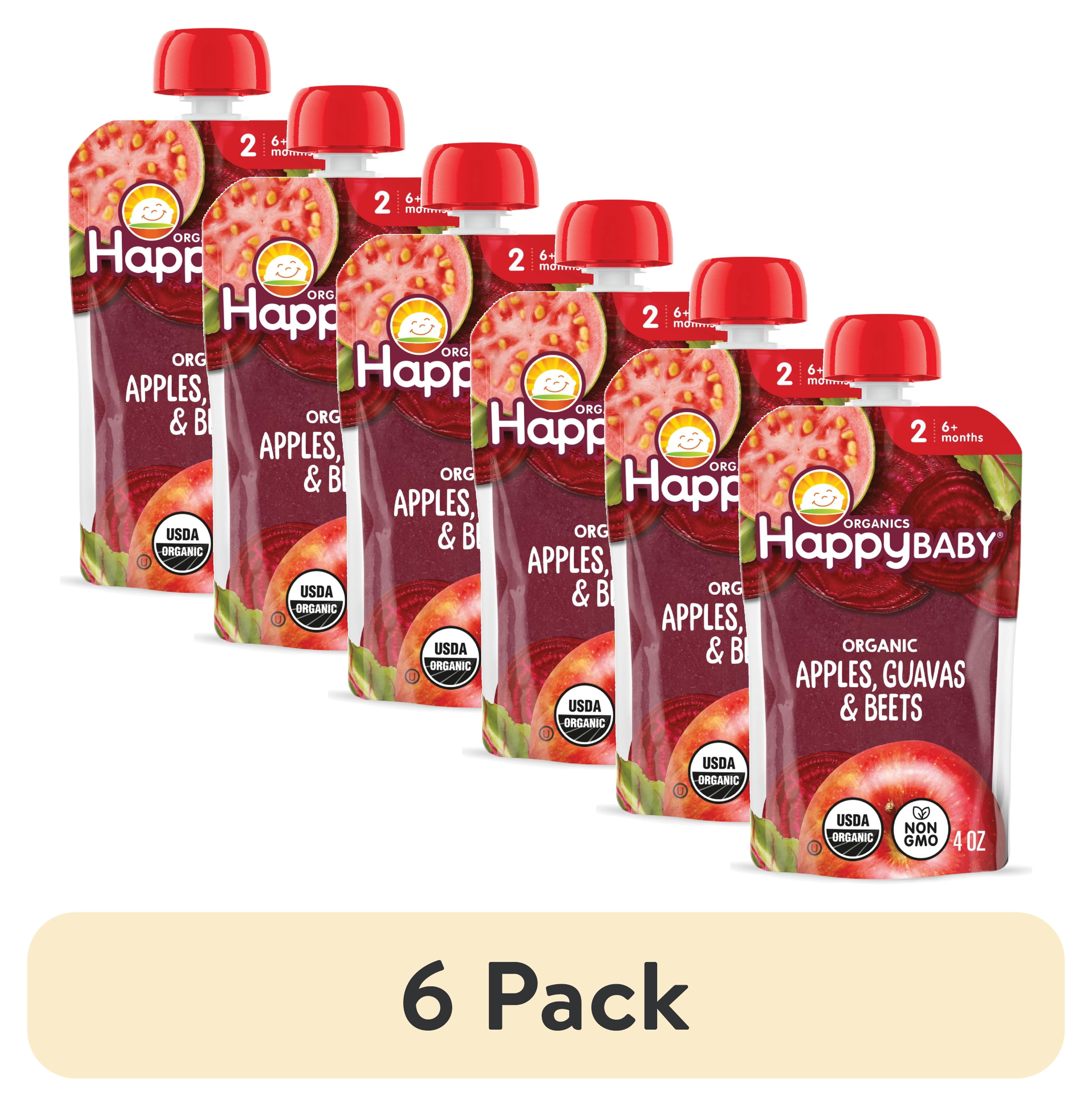 (6 pack) Happy Baby Clearly Crafted, Stage 2 Organic Baby Food, Apples, Guavas & Beets, 4 oz. Pouch