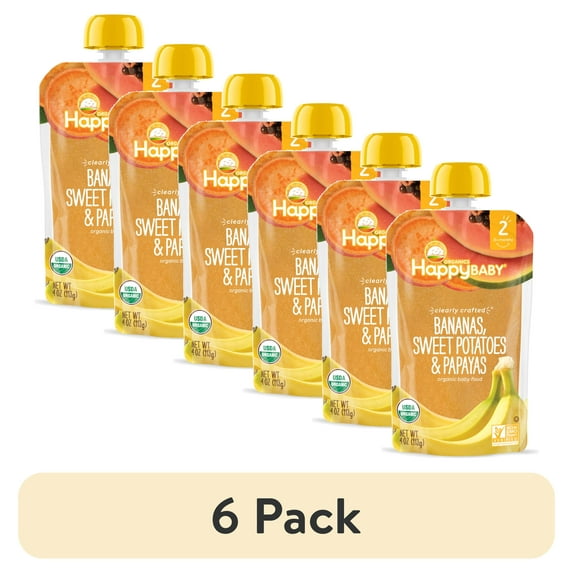 (6 pack) Happy Baby Organics Clearly Crafted, Stage 2 Bananas Sweet Potatoes & Papaya Organic Baby Food, 4oz Pouch
