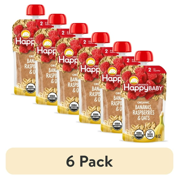 (6 pack) Happy Baby Organics Clearly Crafted, Stage 2 Bananas Raspberries & Oats Organic Baby Food, 4oz Pouch