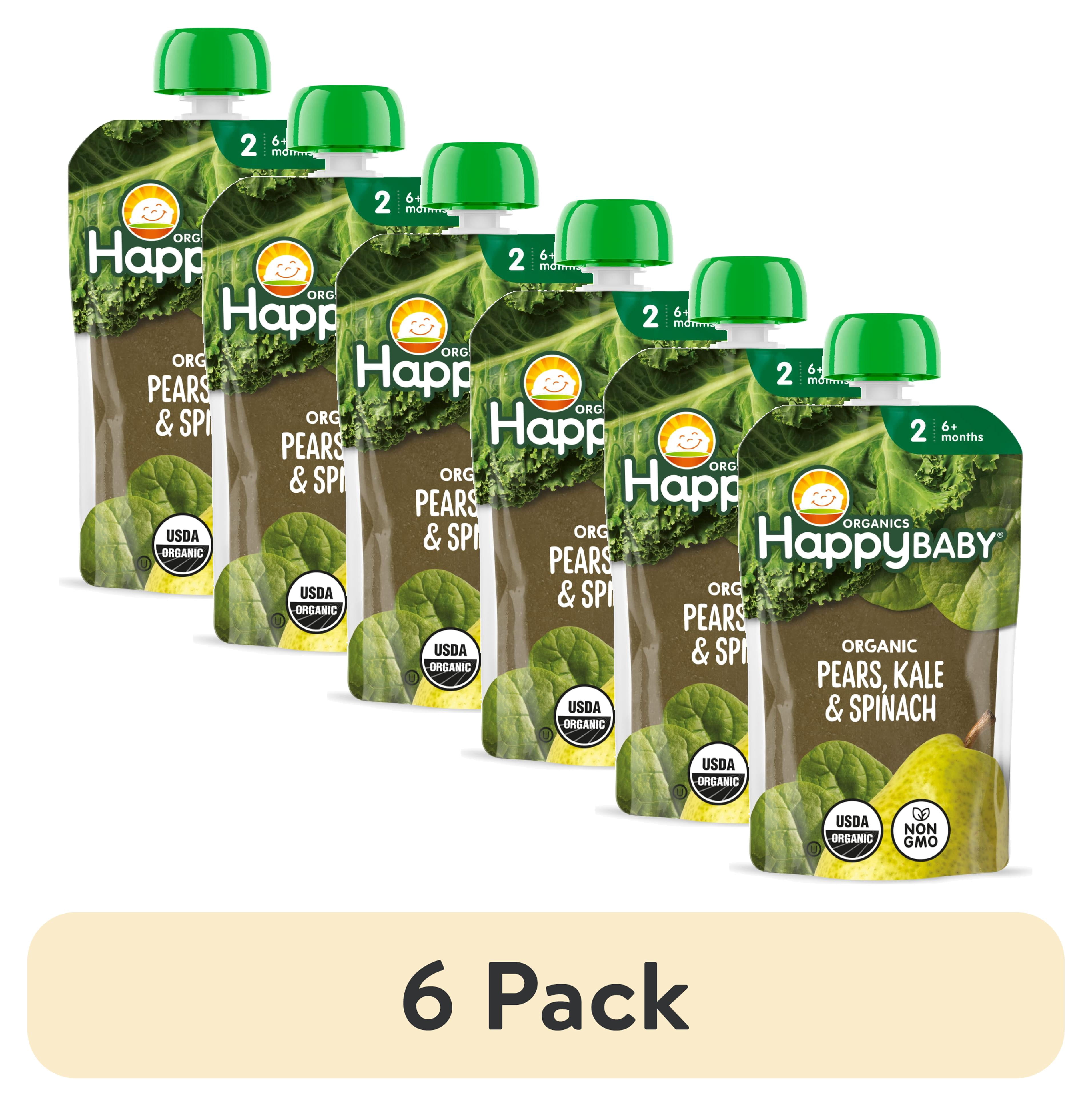 (6 pack) Happy Baby Clearly Crafted, Stage 2 Organic Baby Food, Pears Kale & Spinach, 4 oz. Pouch