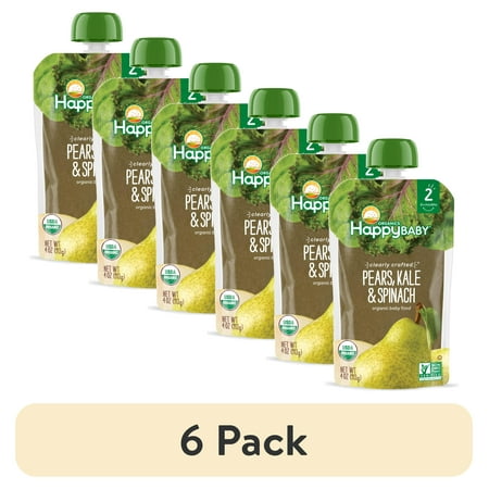 (6 pack) Happy Baby Clearly Crafted, Stage 2 Organic Baby Food, Pears Kale & Spinach, 4 oz Pouch