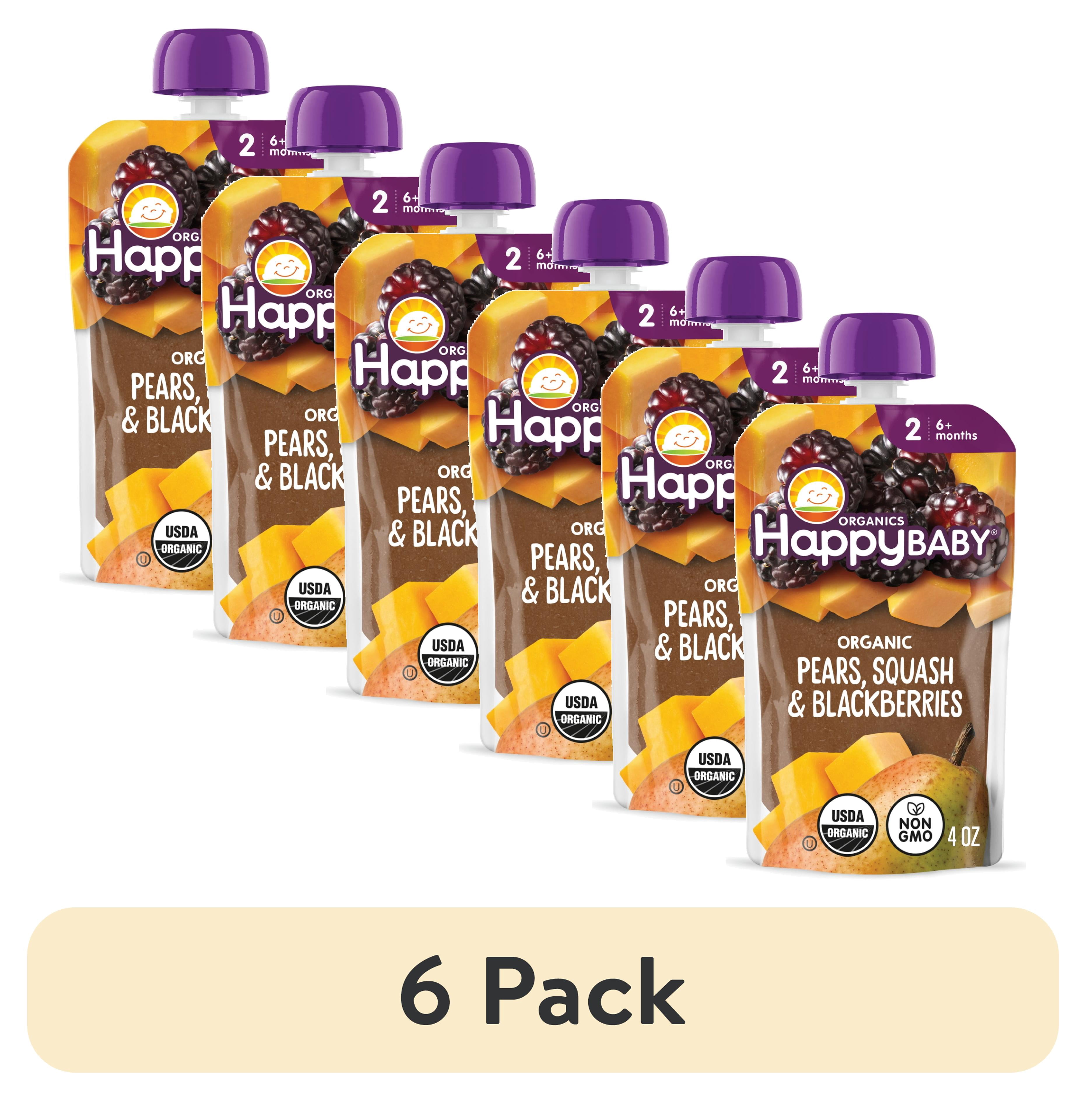 (6 pack) Happy Baby Clearly Crafted, Stage 2 Pears, Squash & Blackberries Organic Baby Food, 4 oz. Pouch