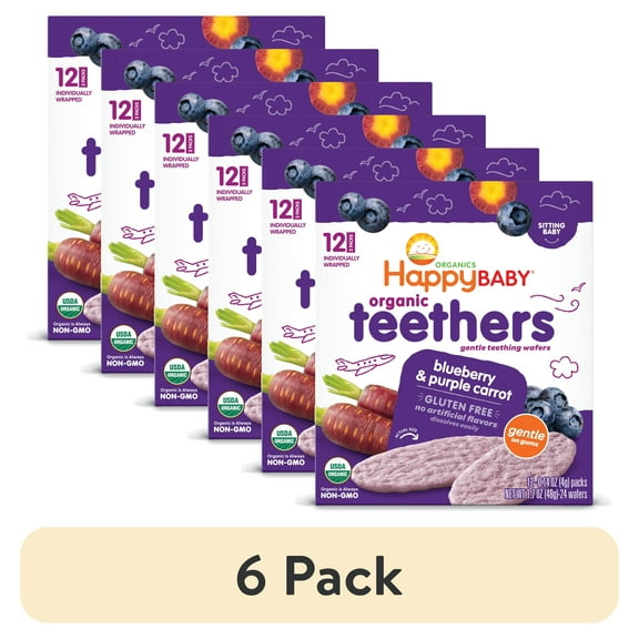 (6 pack) Happy Baby, Baby Wafers, Gluten Free, Blueberry & Purple Carrot, 12-2 Packs (24 wafers)