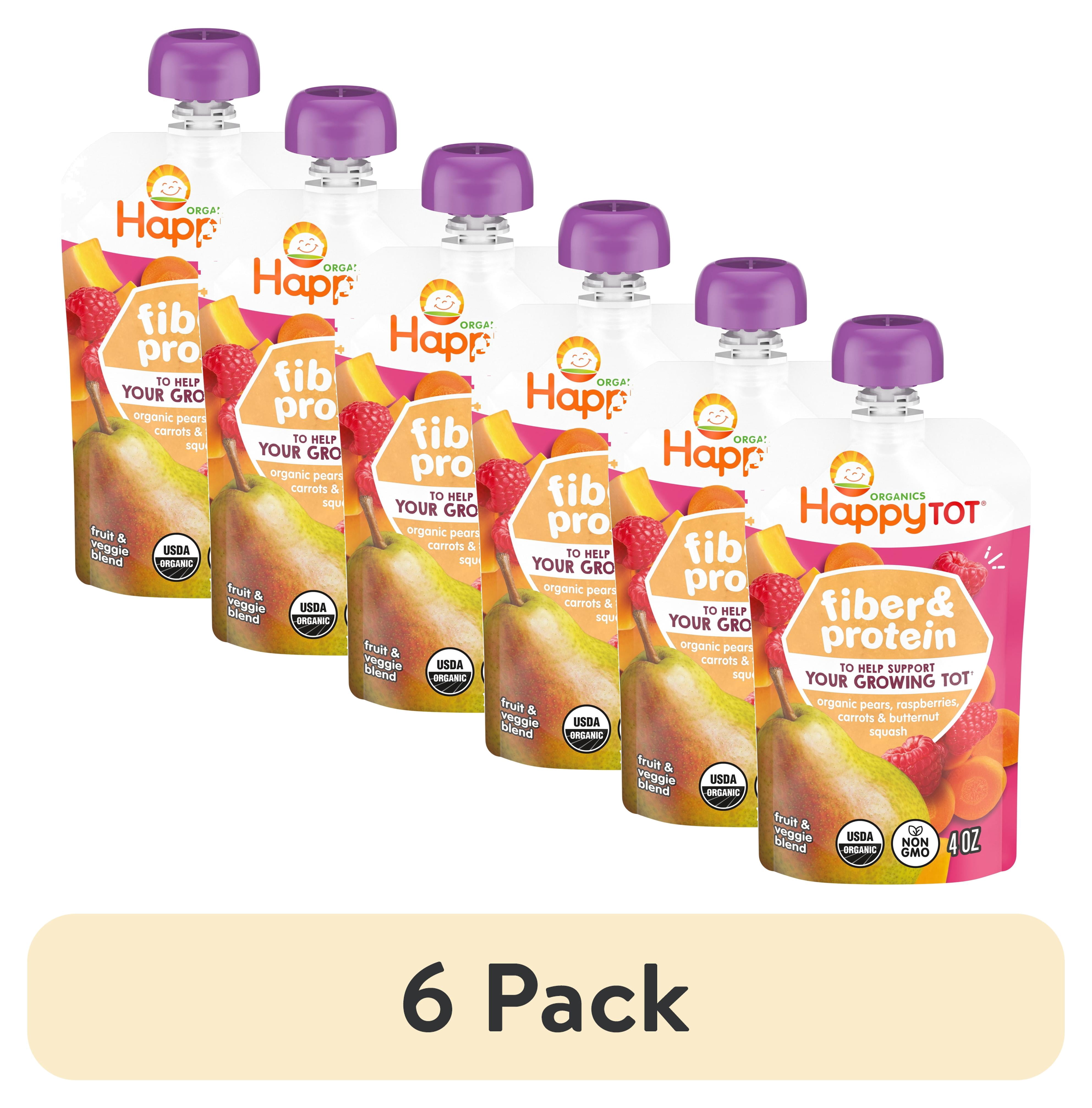 (6 pack) Happy Tot Organics Fiber & Protein Stage 4, Pears Raspberries Carrots & Butternut Squash Organic Tot Food, 4 oz. Pouch