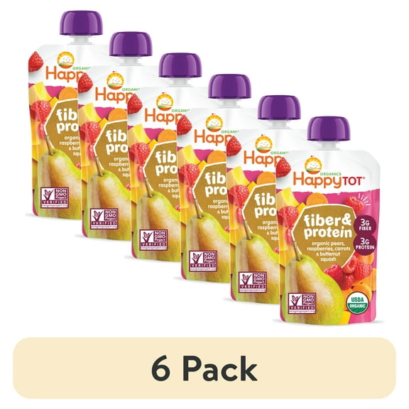 (6 pack) Happy Tot Organics Fiber & Protein Stage 4, Pears Raspberries Carrots & Butternut Squash Organic Tot Food, 4 oz Pouch