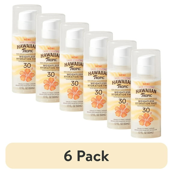 (6 pack) Hawaiian Tropic Weightless Hydration Lotion Sunscreen for Face SPF 30, Travel Size 1.7oz