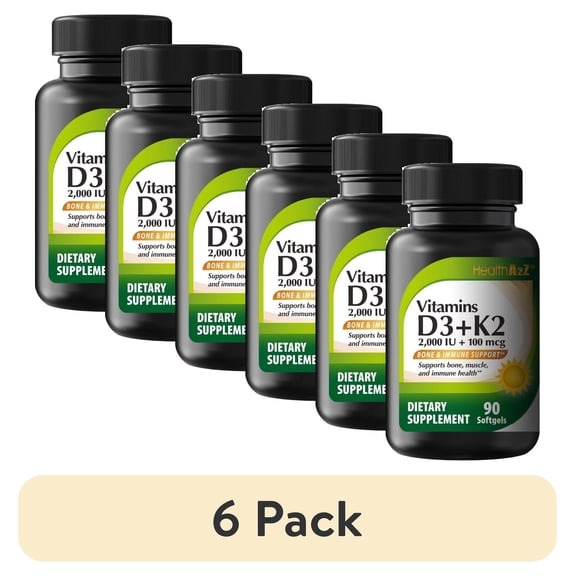 (6 pack) HealthA2Z Vitamin D3 + K2 | 2000 IU + 100 mcg | 90 Easy-to-Swallow Softgels | Clean Label, No Dyes | Bone, Muscle & Immune Support