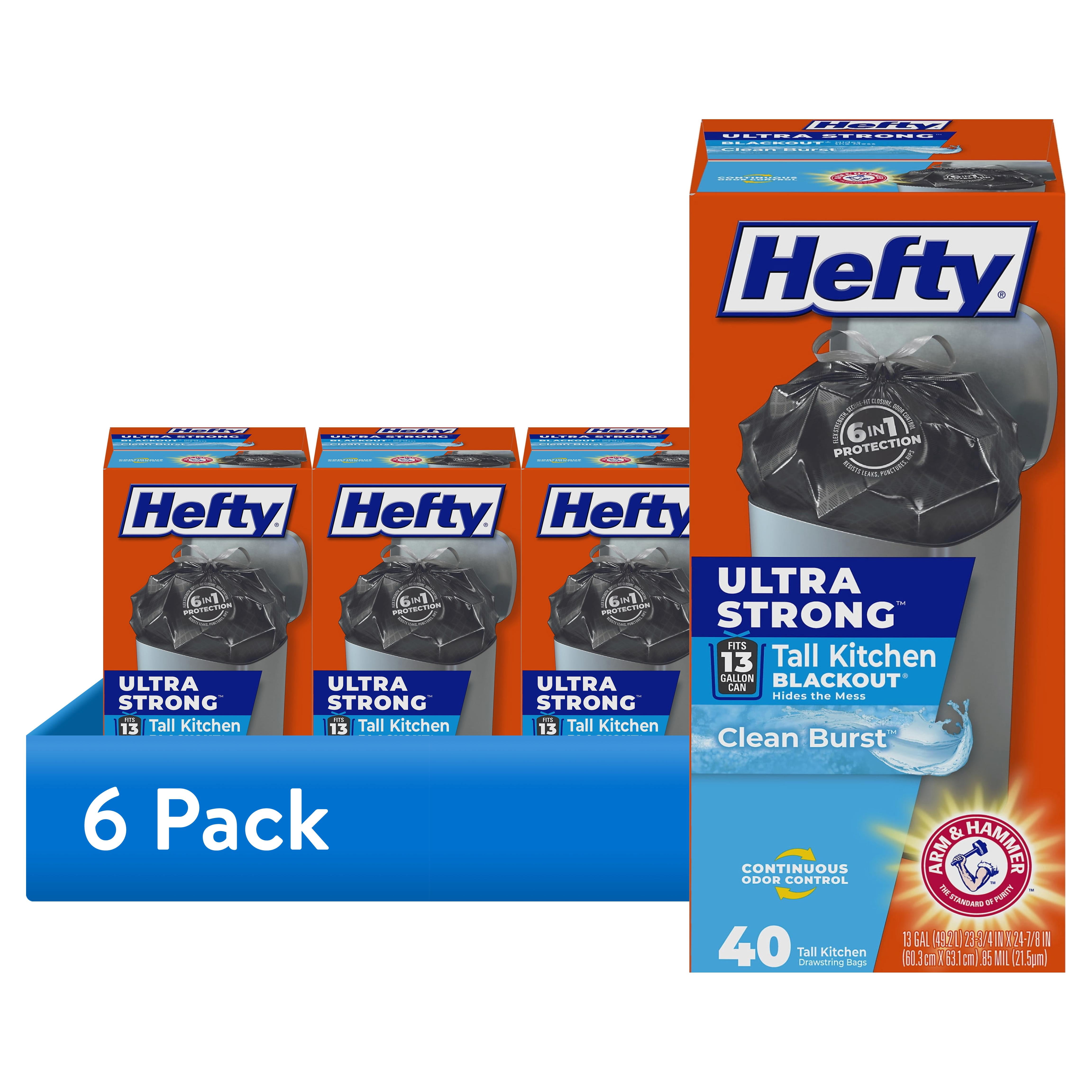 (6 pack) Hefty Ultra Strong 13 Gallon Trash Bags, Tall Kitchen Trash Bags, Blackout, Clean Burst Scent, 40 Bags