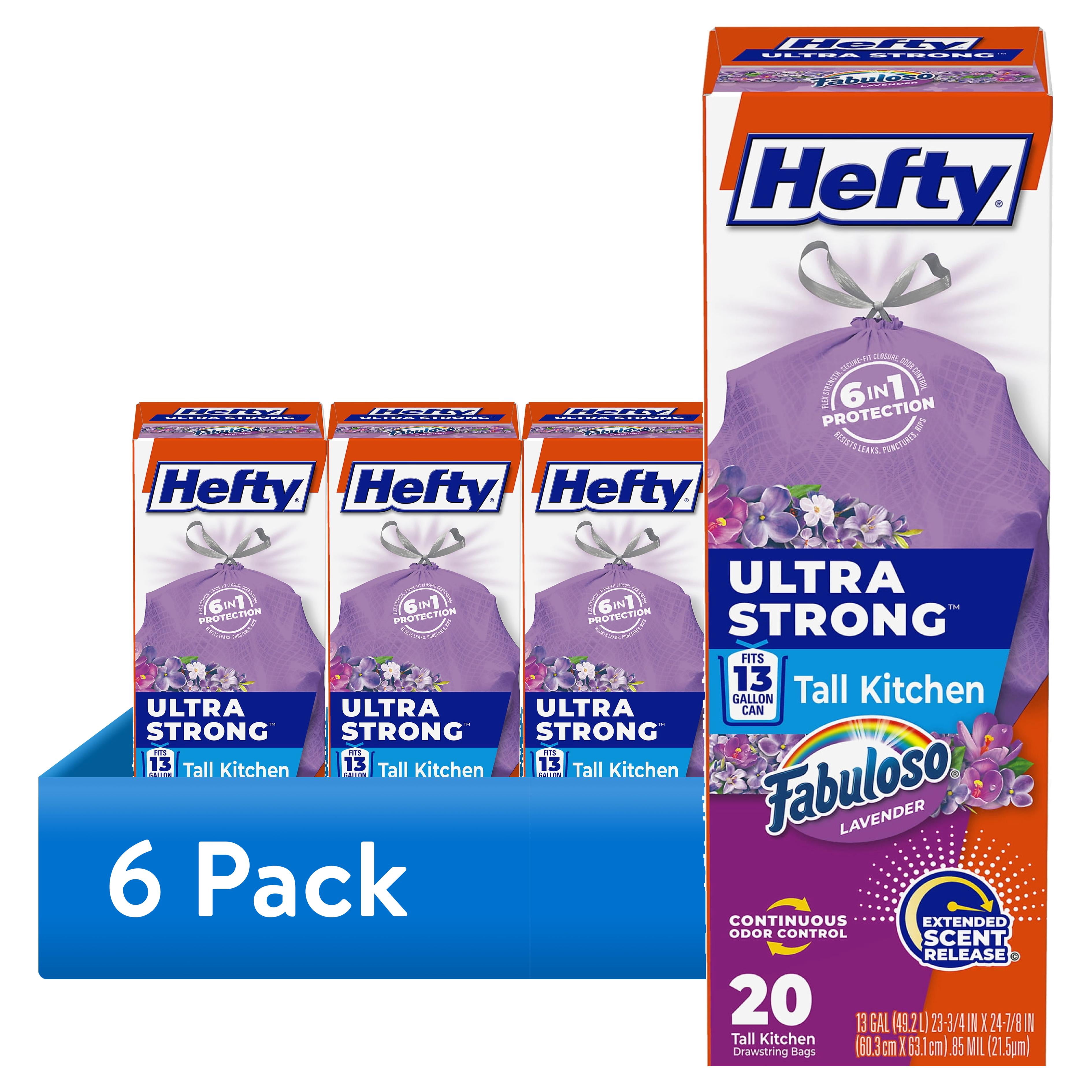 (6 pack) Hefty Ultra Strong 13 Gallon Trash Bags, Tall Kitchen Trash Bags, Purple, Fabuloso Lavender Scent, 20 Bags