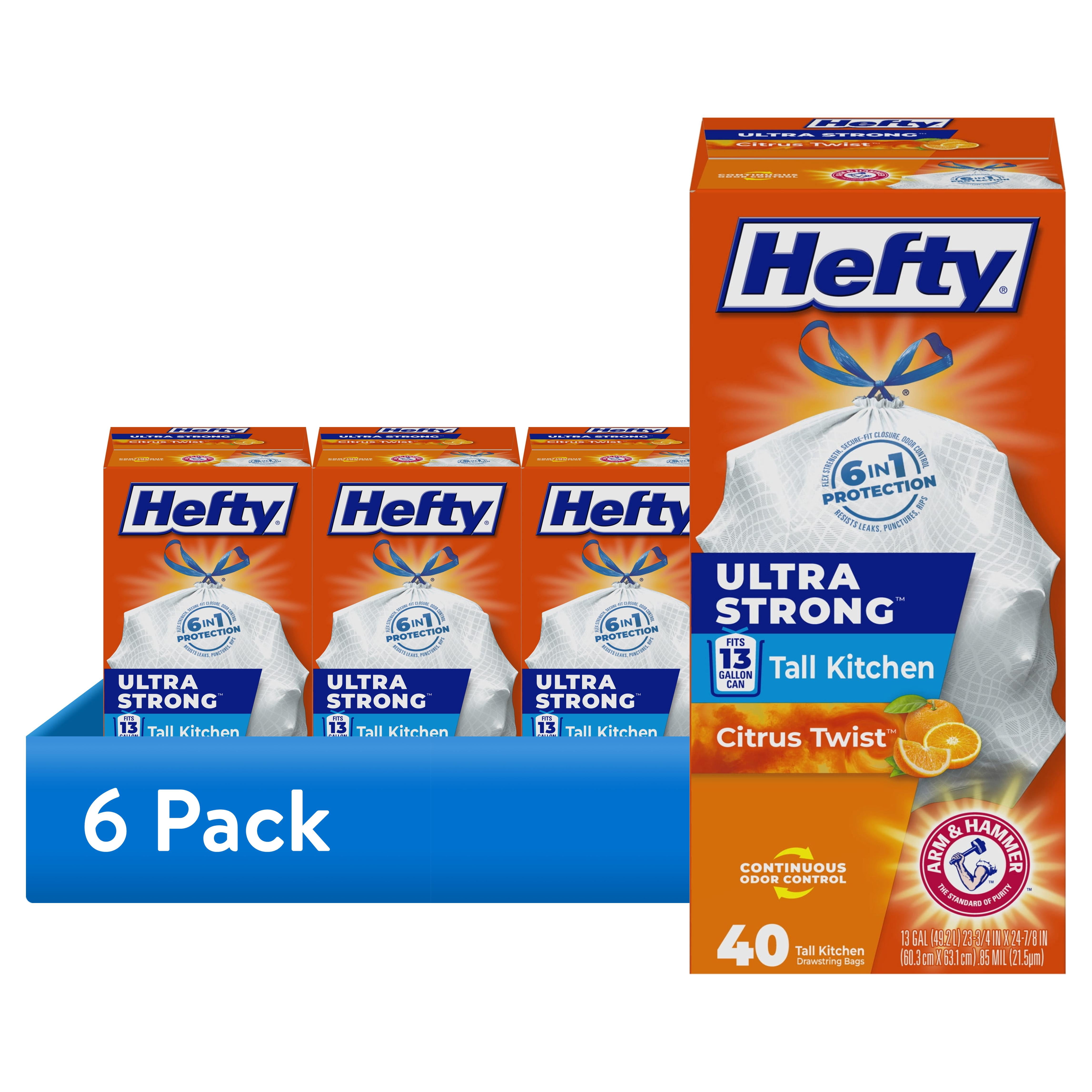 (6 pack) Hefty Ultra Strong 13 Gallon Trash Bags, Tall Kitchen Trash Bags, White, Citrus Twist Scent, 40 Bags