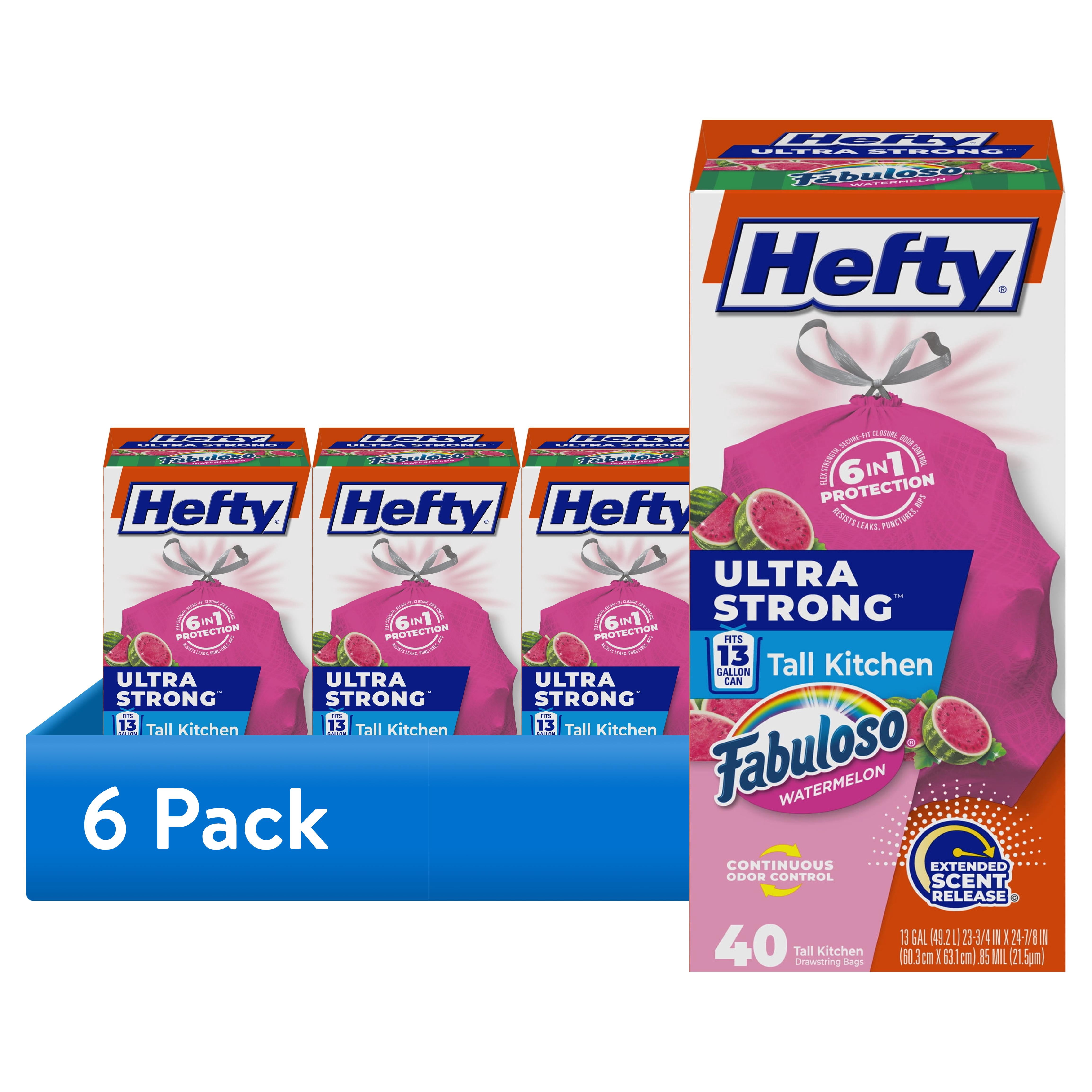 (6 pack) Hefty Ultra Strong 13 Gallon Trash Bags, Tall Kitchen Trash Bags, Pink, Fabuloso Watermelon Scent, 40 Bags