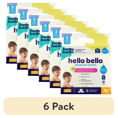 (6 pack) Hello Bello Premium Fragrance-Free Baby Wipes, 3 Flip-Top Pouches (180 Total Wipes)