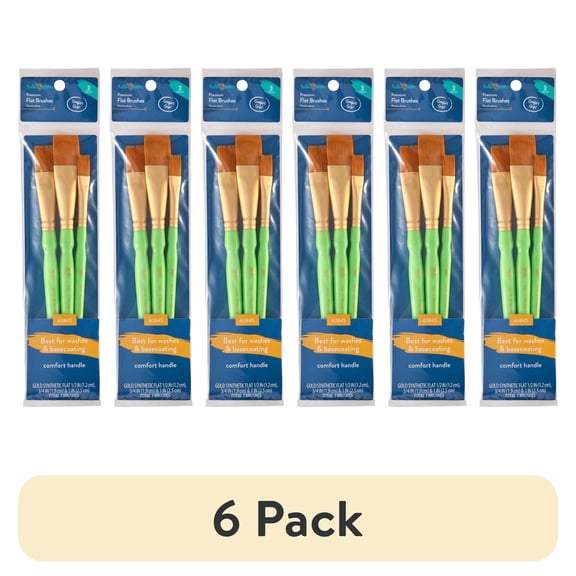 (6 pack) Hello Hobby 3 Piece Flat Synthetic Paint Brush Set with Comfort Grip