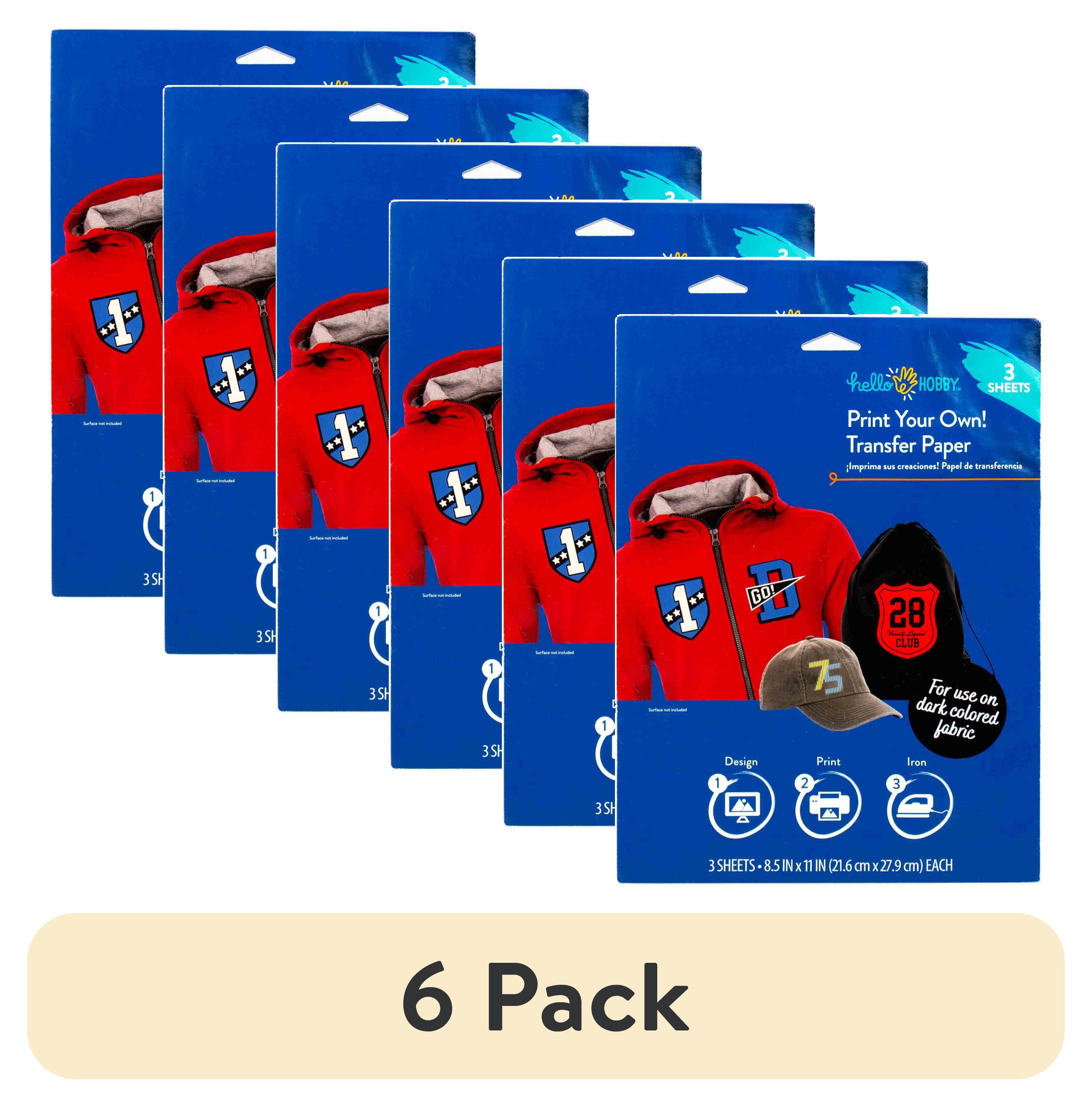 (6 pack) Hello Hobby Print & Transfer White Paper Sheets for Dark Colored Cotton Fabric, Use with Ink Jet Printer, Includes 3 - 8.5" x 11" Sheets