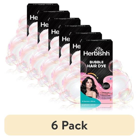 (6 pack) Herbishh 3-in-1 Bubble Foam Hair Dye Shampoo, Black, 10 Sachets x 24ml, Ammonia-Free, Long-Lasting Color for Men & Women