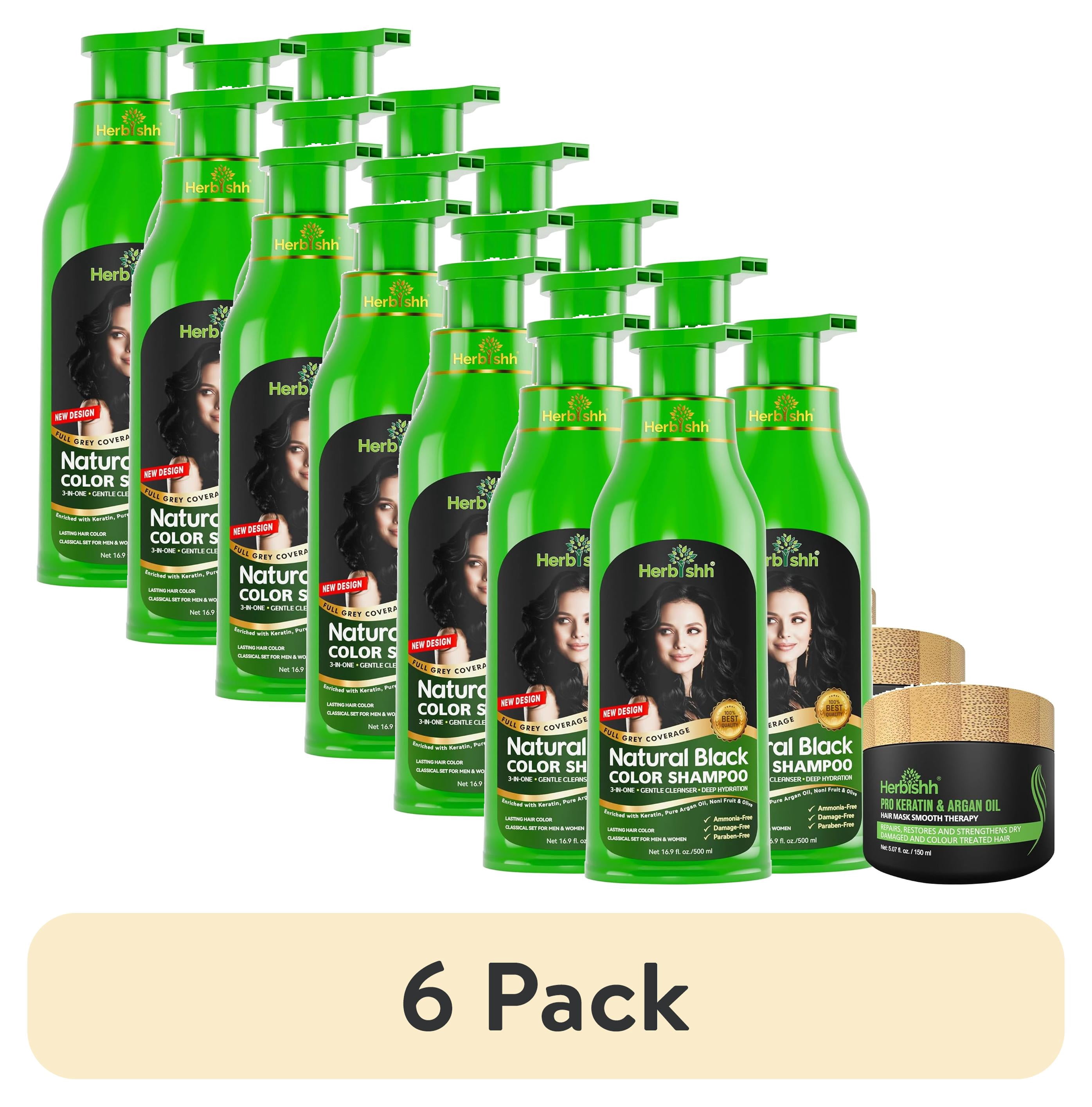 (6 pack) Herbishh Black Hair Color Shampoo,Ammonia-Free, Permanent 3-in-1 Gray Coverage for Men & Women Kit (3pcs Color Shampoo +1 Argan Hair Mask)