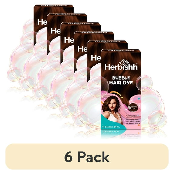 (6 pack) Herbishh Bubble Foam Hair Dye Shampoo, 3-in-1 Permanent Hair Color, 100% Gray Coverage, Ammonia-Free, Travel-Friendly, 10 Sachets x 24ml - Chestnut Brown