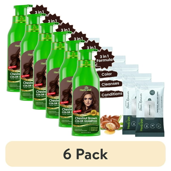 (6 pack) Herbishh Chestnut Brown Hair Color Shampoo for Gray Hair with Pack 2 Hair colour stain remover, Hair Dye Shampoo 3 in 1, 100% Gray Coverage, Permanent Hair Color for Men & Women, Ammonia-free, 500 ml