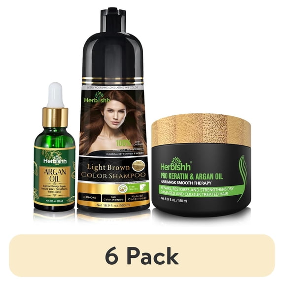 (6 pack) Herbishh After Color Shampoo Combo Contains Hair Color Shampoo Hair Dye 500ml Argan Oil 30ml Pro Keratin And Argan Hair Mask, Hair Straightening, Shine And Protection For Men And Women (Light Brown)