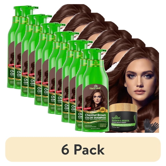 (6 pack) Herbishh Ultimate Hair Color Kit (2 Shampoos + 1 Argan Mask) for Grey Hair - Permanent, Long-Lasting, Easy to Apply for Men and Women (Chestnut Brown)