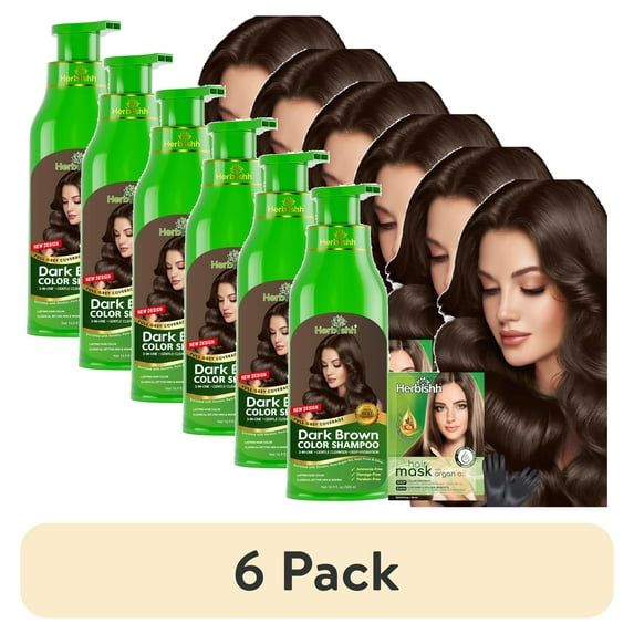 (6 pack) Herbishh Dark Brown Color Shampoo for Gray Hair, Permanent Hair Colour, Men & Women (500 ml)