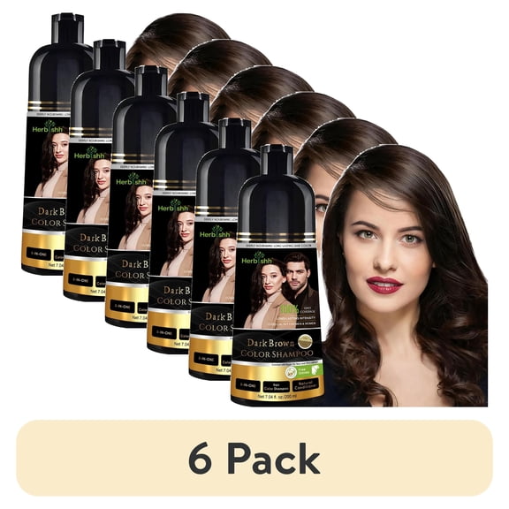 (6 pack) Herbishh Dark Brown Hair Color Shampoo for Gray Hair 200ml, Hair Dye Shampoo 3 in 1, 100% Gray Coverage, Permanent Hair Color for Men & Women, Ammonia-free