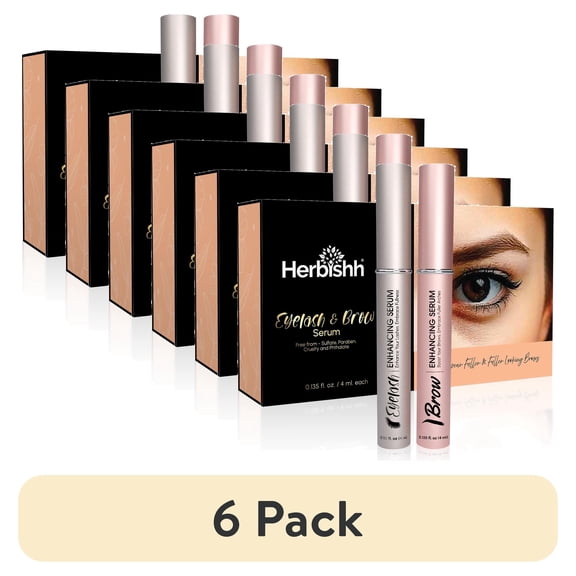 (6 pack) Herbishh Eyelash & Eyebrow Enhancing Serum Combo – Complete Eye Care Growth Formula for Fuller Lashes & Brows, Safe for Lash Extensions, Growth Serum, Fragrance-Free, 0.135 fl. oz each