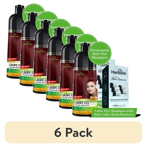 (6 pack) Herbishh Hair Color Shampoo For Gray Hair – Grape Red Hair Dye Shampoo 3 In 1 | Ammonia-Free 500ml + Color Stain Remover | Hair Color Shampoo For Men & Women