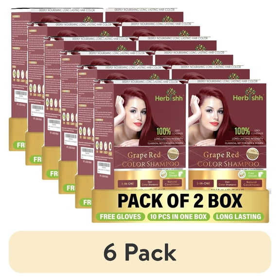 (6 pack) Herbishh Hair Color Shampoo for Grey Hair – Hair Dye Shampoo with Bio-Active Ingredients – Long Lasting Color – Travel-Friendly Pack (20 x 30ml Sachets) Grape Red