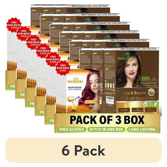 (6 pack) Herbishh Hair Color Shampoo for Grey Hair – Hair Dye Shampoo with Bio-Active Ingredients – Long Lasting Color – Travel-Friendly Pack (30 x 30ml Sachets) + 5 Pack Hair Mask Sachets (Dark Brown)