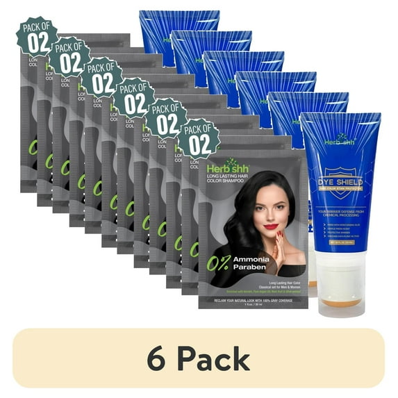 (6 pack) Herbishh Hair Dye Shampoo Black Color 3-in-1 Travel Pack (30ml x2) + Hair Color Skin Protector Barrier Cream, 1pc – Shampoo Hair Color with 100% Gray Coverage & Long Lasting Color, for Women & Men
