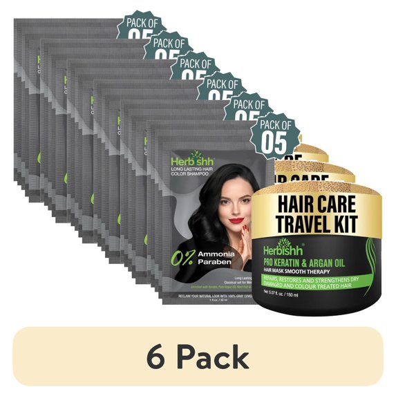 (6 pack) Herbishh Hair Dye Shampoo Black Color 3-in-1 Travel Pack (30ml x5) + Keratin Argan Oil Hair Mask for Dry, Damaged & Color Treated Hair, 150ml, Long Lasting Hair Color, For Women & Men
