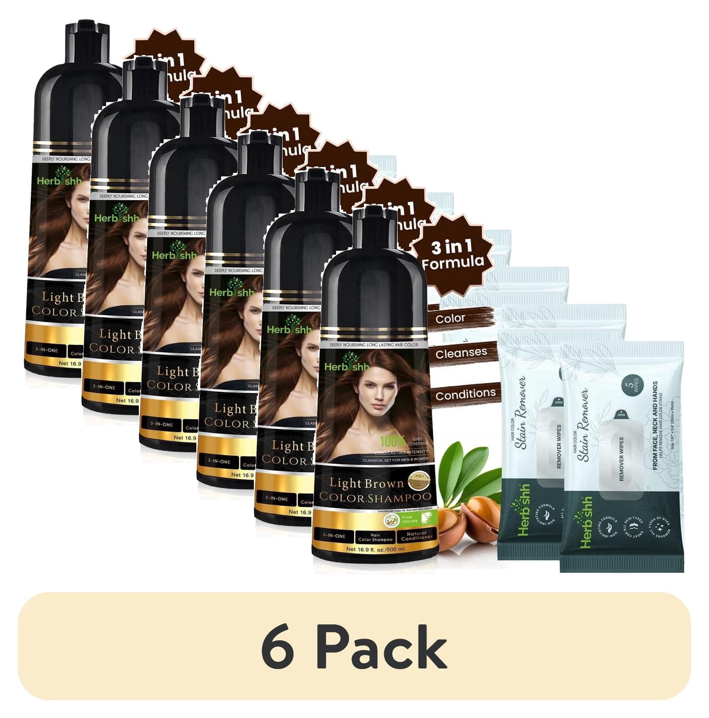 (6 pack) Herbishh Light Brown Hair Color Shampoo for Gray Hair with Pack 2 Hair colour stain remover, Hair Dye Shampoo 3 in 1, 100% Gray Coverage, Permanent Hair Color for Men & Women, Ammonia-free, 500 ml