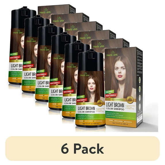 (6 pack) Herbishh Light Brown PPD-Free Hair Color Shampoo for Gray Hair, Hair Dye Shampoo 3 in 1, 100% Gray Coverage, Permanent Hair Color for Men & Women, Ammonia-free, 400 ml